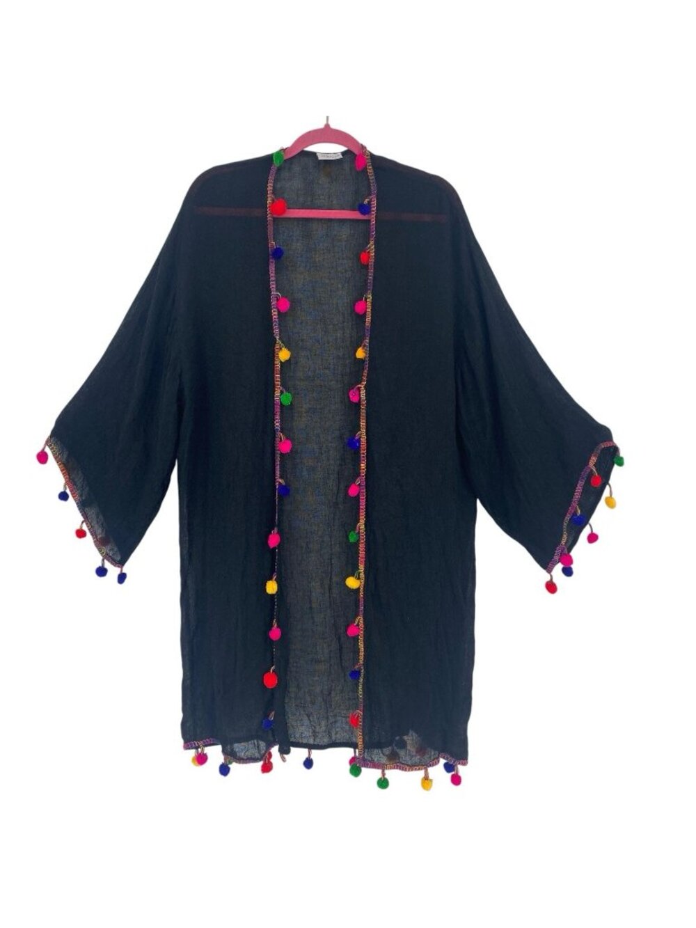 Bindya New York Black Open Front Pom Pom Cover Up Kimono Linen Viscose ONE SIZE